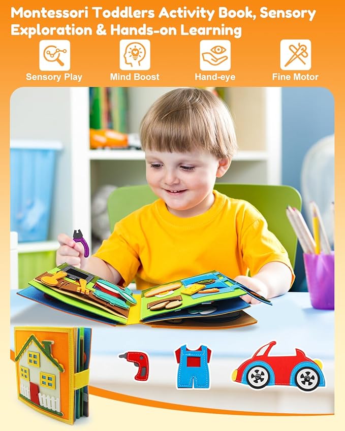 Busy Book for Toddlers 1-3, Montessori Toys for 1 Year Old, Quiet Book, Baby Activity Books, Sensory Felt Busy Board for Toddlers 3-5, Kids Travel Toys, Educational Learning Gifts for Boys & Girls