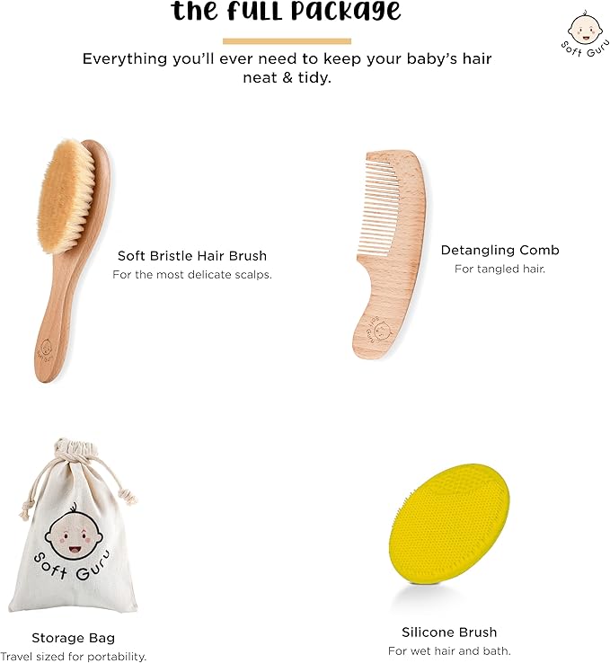 Baby Hair Brush and Comb Set for Girls and Boys – Wooden Infant Hairbrush with Soft Bristles for Newborns, Toddlers & Cradle Cap Care