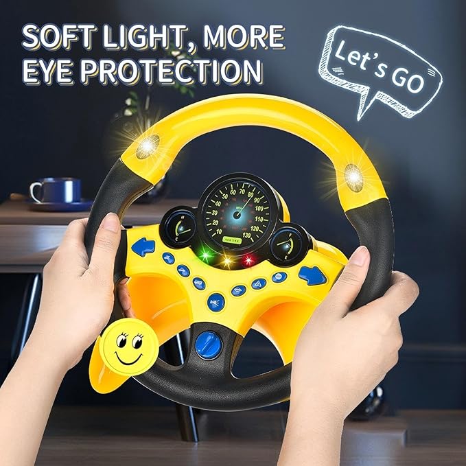 Kids Driving Toy Set with Interactive Steering Wheel and Traffic Light-Simulate Driving Car Steering Wheel Toy for Kids with Dashboard Display,Yellow and Black