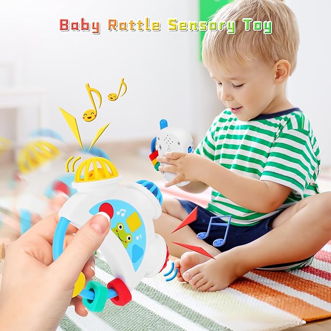 Baby Sensory Toys - 5PCS Baby Rattle Teething Toys Kits with Music, Infant Newborn Montessori Toys for Boys Girls 0-18 Months, Toddler Travel Toys Christmas