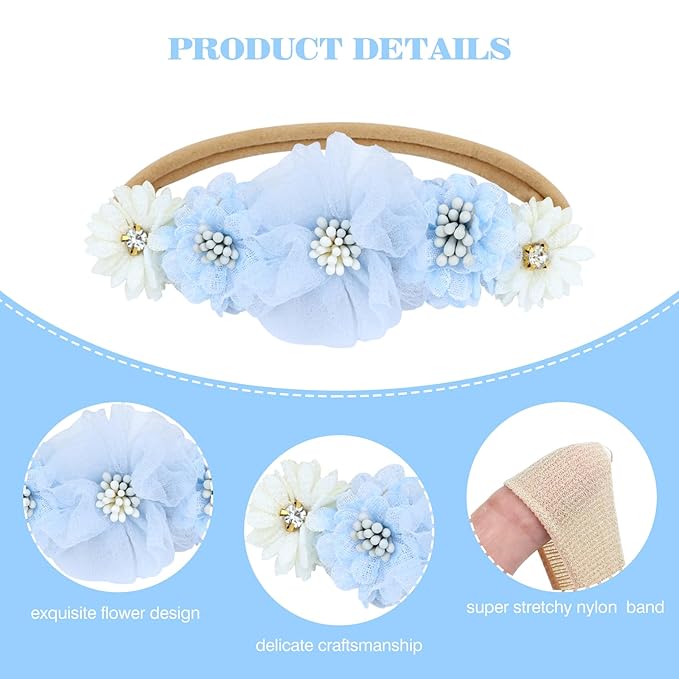 Dizila 6 Pieces Super Soft Stretchy Purple Light Blue Baby Girl Bow Flower Nylon Headbands Floral Lace Headbands Hair Accessories for Newborns Infants Toddlers Girls Kids