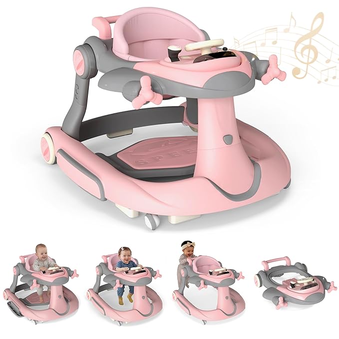 Todefull 7-in-1 Baby Walker with Wheels, Anti-Slip Base, Speed Control, 3 Level Adjustable Height with Music & Lights Box, Foldable Walkers for Babies 6-12 Months, Boys & Girls
