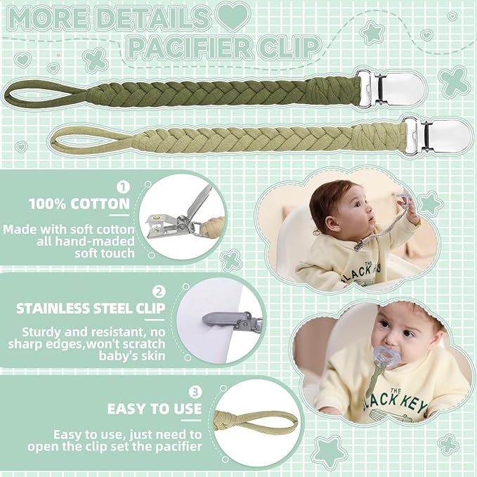 4 Pcs Pacifier Clip, Pacifier Clips for Boys & Baby Girls Pacifier Holder Clip Binky Clips Braided 100% Handmade Fits All Pacifiers(Green, 4 Pack)