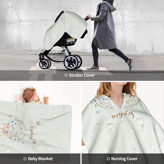Custom Baby Car Seat Canopy with Name, Personalized Stroller Baby Car Seat Covers for Boys Girls, Minky Nursing Carseat Cover for Breastfeeding, Car Seat Canopies for Infant Newborn(Deer)