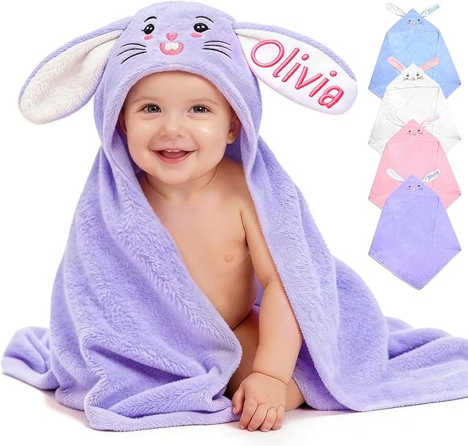 Custom Hooded Bath Towel with Name, Personalized Highly Absorbent Bunny Towels, Baby Bath Towels for Girls Boys, Easter Brithday Shower Gifts for Baby, Toddler, Newborn (Purple)