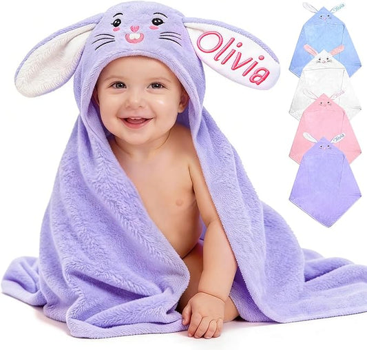 Custom Hooded Bath Towel with Name, Personalized Highly Absorbent Bunny Towels, Baby Bath Towels for Girls Boys, Easter Brithday Shower Gifts for Baby, Toddler, Newborn (Purple)