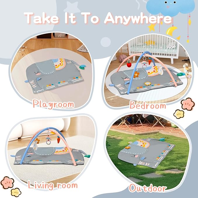 Baby Play Gym Tummy Time Mat, Oversize Elephant Activity Mat with 6 Detachable Toys, Promote Motor Skills & Sensory Development Mat, Newborn Infant Baby Essentials Gift