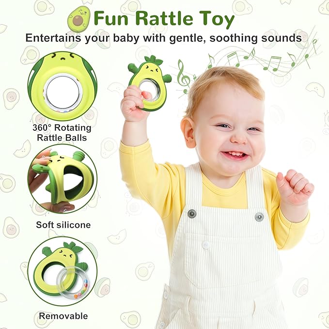 MISSLILI Teething Toy for Babies, Silicone Avocado Shape with Rattle Teether for Infants 0-3-6-12 Months, Sensory Chew Toys Teething Relief for Boys and Girls, BPA Free