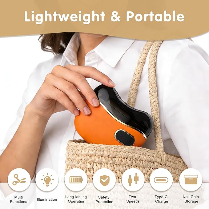 Bestkid Electric Nail File Baby with Polishing, 2-Speed Safety First Automatic Infant Nail Clipper with LED Light & Nail Craps Storage, Orange Smart Finger Nail Trimmer for Kids Adults Caregivers