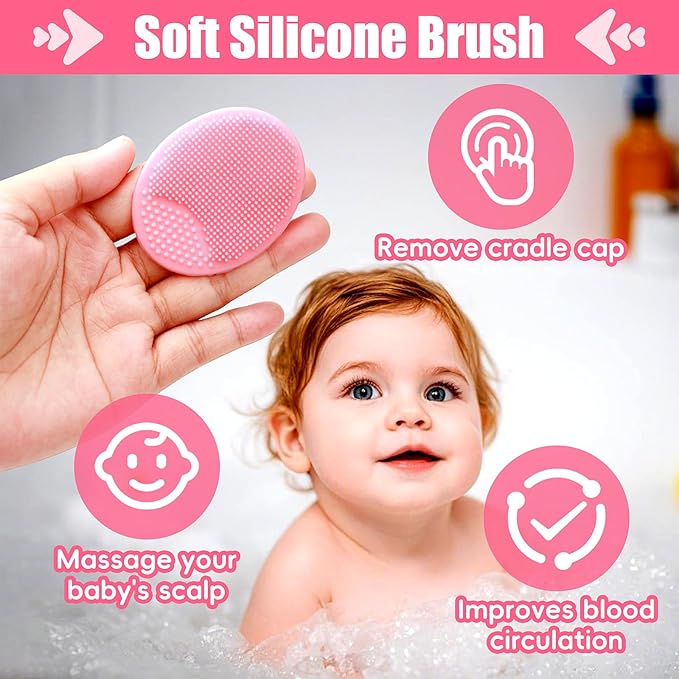Cradle Cap Brush for Babies, 5Pcs Cradle Cap Treatment Set with Soft Bristle Brushes Silicone Scrubber Long Comb for Newborn Bathing Essentials Baby Brush and Comb Set (Pink)