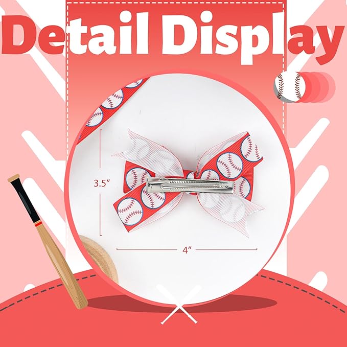 YanJie 2pcs 4'' Baseball Red Bow for Baby Girl Hair Clips Softball Grosgrain Ribbon Hair Accessories Alligator Clips for Toddler Teen Girls