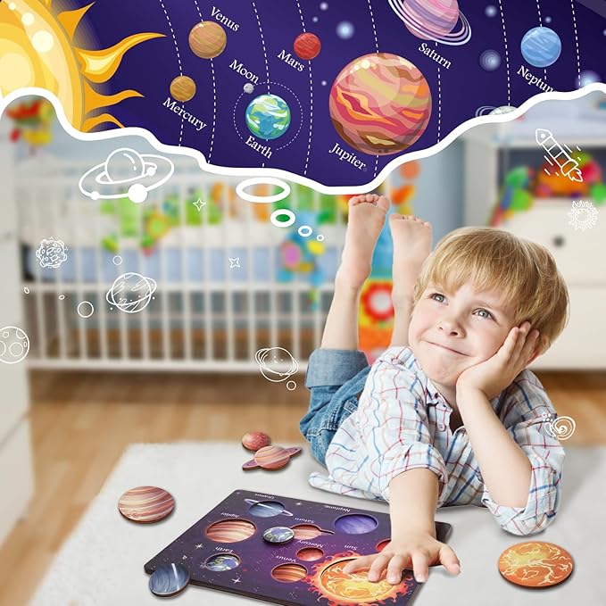 Zeoddler Upgrated Solar System Puzzle for Kids 3-6, Wooden Space Toys, Planets for Kids Preschool Learning Activities, Gift for Boys, Girls