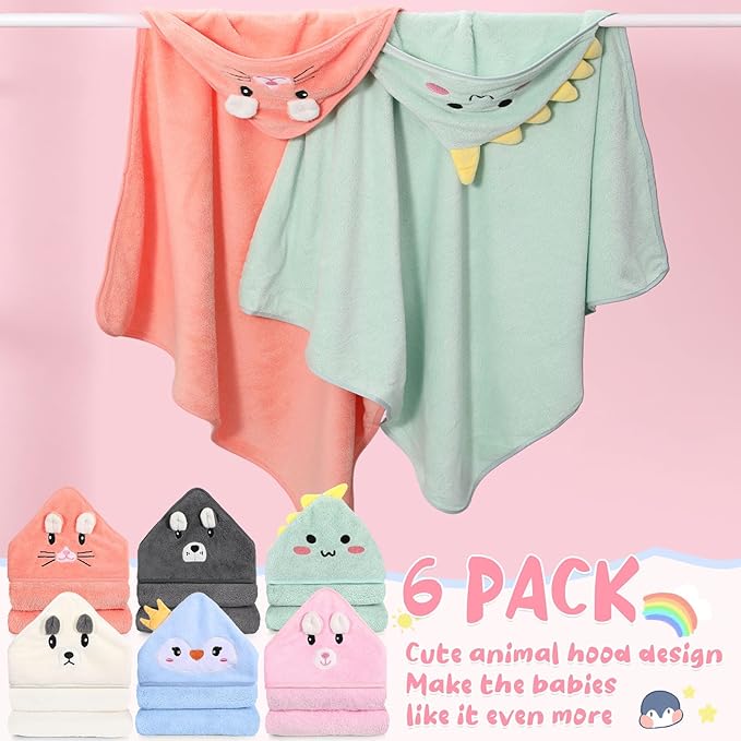 SmoothNovelty 6 Pack Baby Hooded Towels Infants and Toddlers Coral Fleece Baby Bath Towels 31.5 x 31.5 Inch Absorbent Cute Soft Newborn Bath Essentials Gifts for Boys & Girls(Multicolor,Stylish)