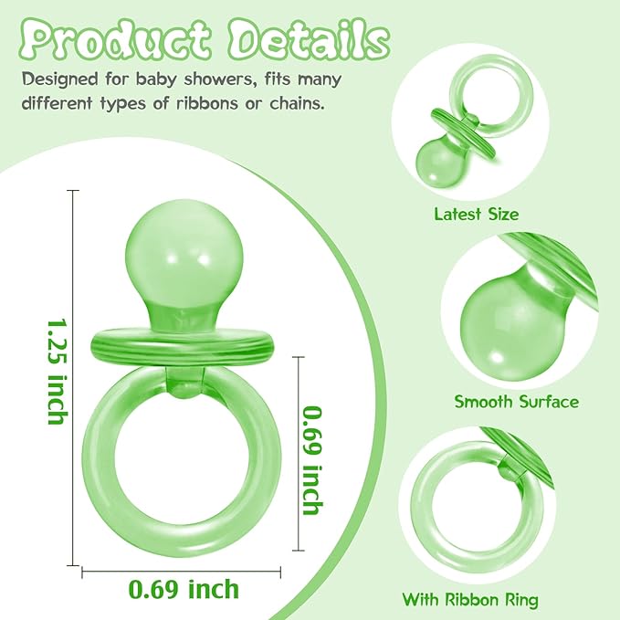 50 Pcs Mini Pacifiers Baby Shower Games Boy Girl, 1.25 Inch Cute Baby Shower Pacifiers, Bulk Acrylic Pacifier for Party Table Scatter, Pacifier Hunt Game, Gender Reveal Decoration Party Favors(Green)