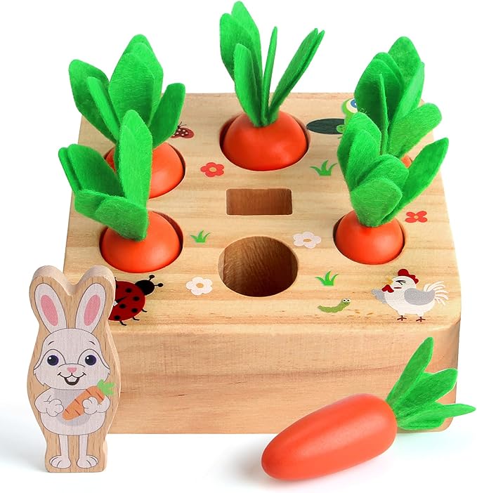 SKYFIELD Carrot Harvest Game Wooden Shape Sorting Puzzle for Baby Boys and Girls 1-3 Years, Montessori Gift Toy with 7 Sizes Carrots