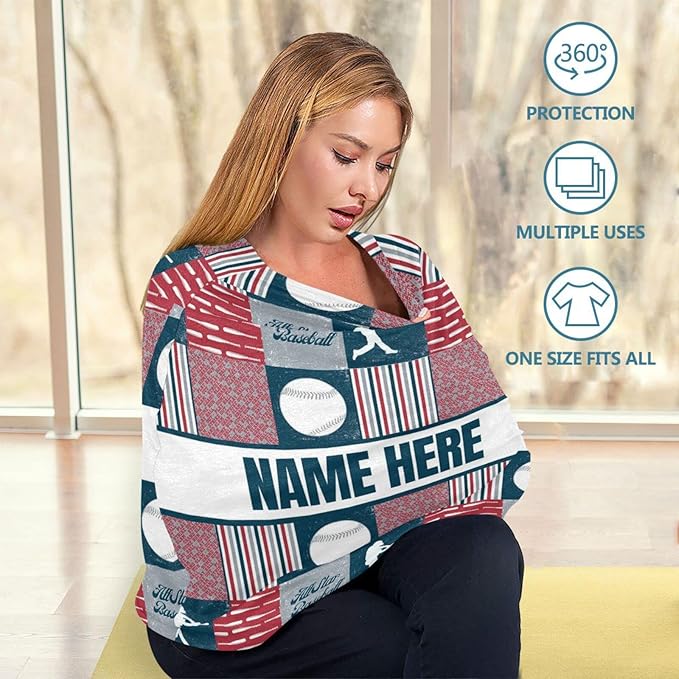 Personalized Baseball Sports Baby Car Seat Cover for Babies with Name, Custom Plaid Design Baby Car Seats Canopy for Boys, Nursing Breastfeeding Stroller Covers Infant Car Seat Blanket for Newborn