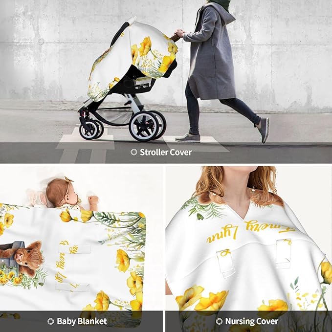 Personalized Baby Car Seat Canopy with Name – Custom Highland Cow Sunflower Minky Nursing Cover for Boys & Girls, Soft Stroller Cover for Infants & Newborns, Carseat Canopy for Breastfeeding