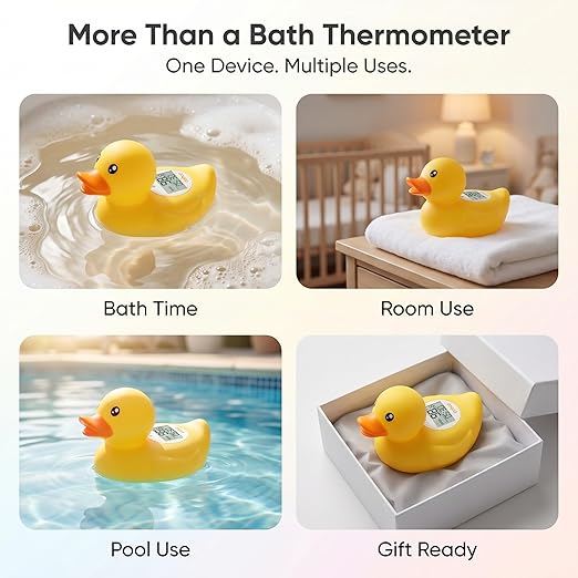 Baby Bath Thermometer with Smart Temperature Alert, Accurate Digital Water Thermometer, Adjustable High Temp Alert for Newborns, Floating Duck Toy with Timer, LED & Sound Alarm, BPA-Free, Waterproof