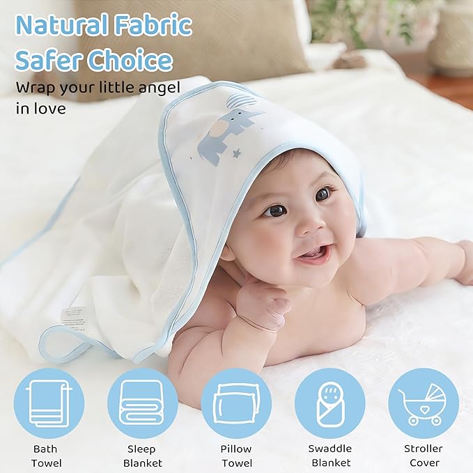 Mooreeke Baby Towel with Hood for Boys Blue Elephant Bath Towel for Babies Ultra Soft Absorbent 3 PCS Baby Towels and 3 PCS Washcloths for Newborn Essentials