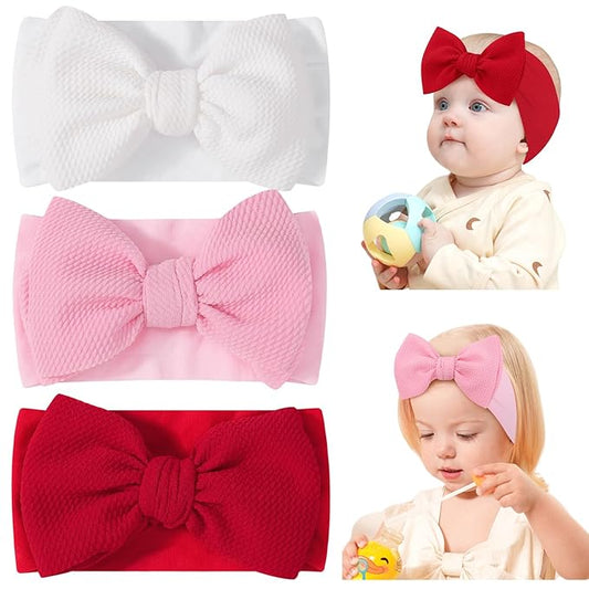 jollybows 3PCS Baby Bows Headbands Soft Nylon Baby Girl Headbands for Newborn Infant Toddler Kids Cute Bow Wide Hairbands Hair Accessories(White+Red+Pink)