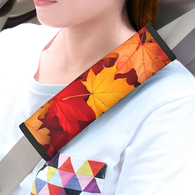 Autumn Leaves Print Seatbelt Pads Fits Cars Trucks SUV Sedans Sweat Absorption Car Seatbelt Strap Cover, Fall Auto Interior Accessories Protector