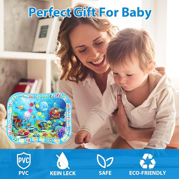 Baby Water Mat Large 37.4"x29.9", Safe Inflatable Tummy Time Water Play Mat for Infants & Toddlers with Climate Pledge Friendly, Newborn Sensory Water Pad for Christmas Gift (Blue)