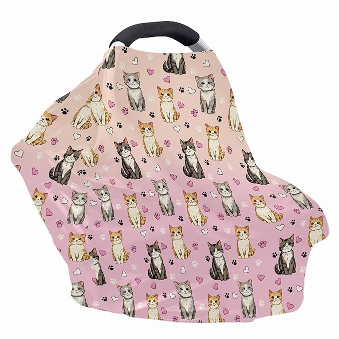 GIFTPUZZ Cute Cat Stretchy Car Seat Cover for Babies, Nursing Cover Breastfeeding Cover, Soft Breathable Infant Carseat Canopy, Shopping Cart/High Chair/Stroller Covers, Universal