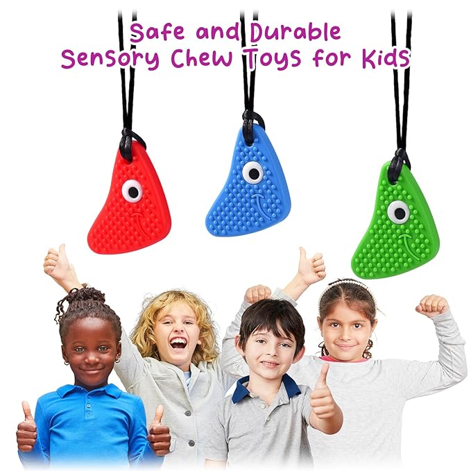 Chew Necklaces for Sensory Kids, Seeway Chewy Necklace Sensory Motor Aids, 3 Pack Silicone Sensory Chew Toys, Different Textures Chewelry, Strengthen Oral and Facial Muscles 【Red, Green, Blue】