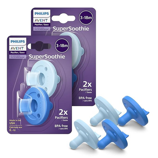 Philips Avent Soothie Orthodontic Baby Pacifiers, 100% Silicone Pacifiers, One Piece, BPA-Free, for Babies 3-18 Months, 2 Sky Blue and 2 Light Blue, Model SCF192/71, 4 Count (Pack of 10)