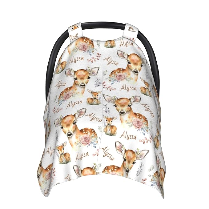 Personalized Winter Carseat Cover for Baby Custom Name Car Seat Canopy for Newborn Baby Boys Girls 2 in 1 Mom Nursing Breastfeeding Covers Deer Minky Baby Carrier Stroller Covers