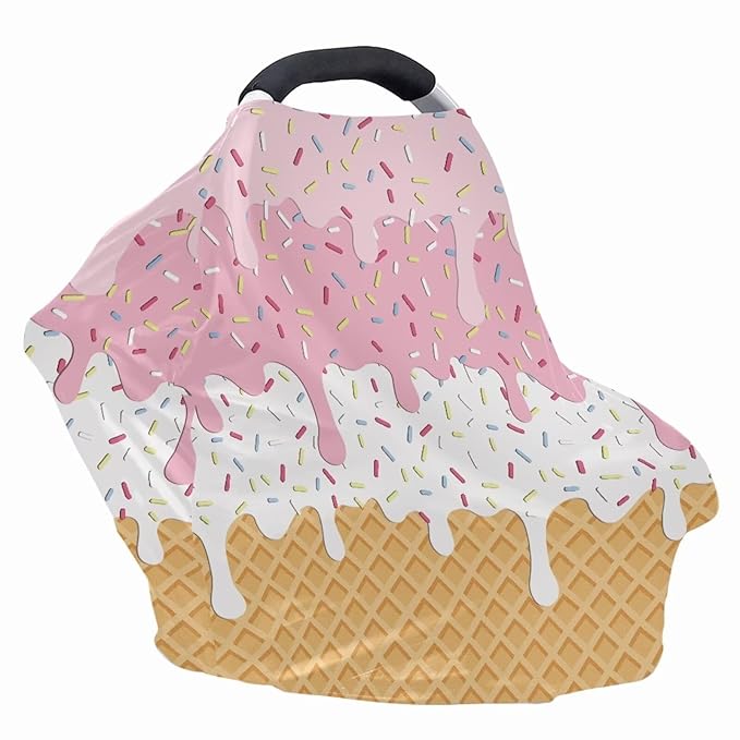 Biyejit Ice Cream Baby Car Seat Cover for Girls and Boys - Stretchy Carseat Canopy, Nursing Cover, Grocery Cart Cover, High Chair Cover