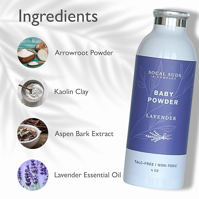 SoCal Suds & Company - Natural Baby Powder Talc-Free - with Arrowroot Powder, Kaolin, Aspen Bark Extract for Soft Soothing Protected Skin - Gentle Absorption - Lavender, 4oz, 2-Pack