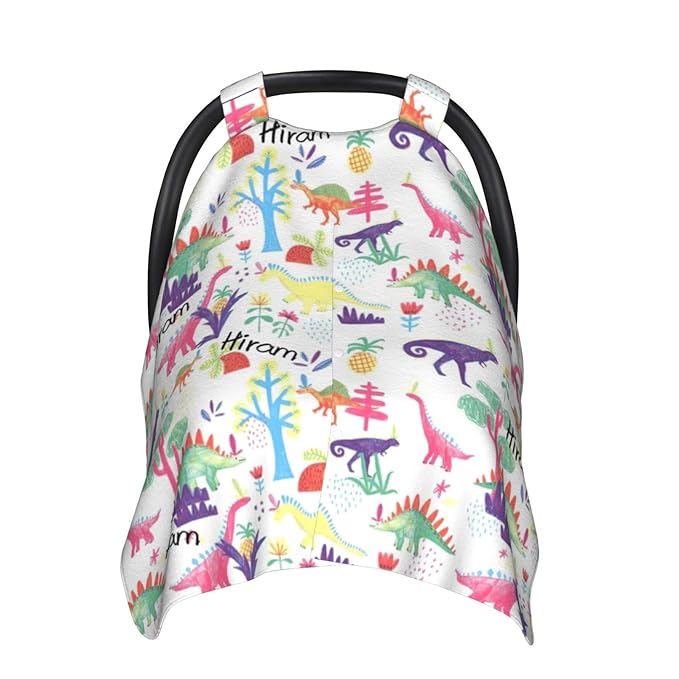 Personalized Dinosaur Baby Car Seat Cover for Boys, Customized Baby Name Carseat Covers, Opening Nursing Cover Breastfeeding Scarf for Infant, Stroller Canopy Carseat Canopies for Newborn