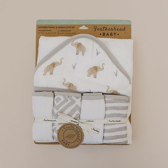 Featherhead™ 5-Piece 100% Cotton Muslin Hooded Bath Towel & Washcloths Set for Baby Boy - Ultra Soft and Extra Absorbent - Newborn Essential & Perfect Baby Registry Gift (Elephant)