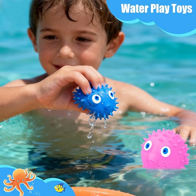 uvitaya 4 PCS Pufferfish Water Balls, Sensory Stress Relief Floating Pool Toys for Kids, Water Splash Balls Toddler Swim & Bath Toys, Christmas Goodie Bag Fillers for Babies