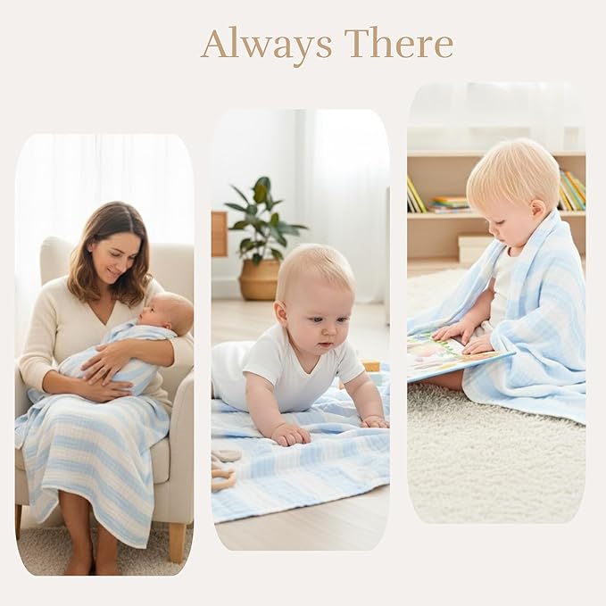 Muslin Baby Bath Towel Set - 100% Organic Cotton 5-Piece Set (2 Large Towels & 3 Washcloths), 6 Layer Absorbent Gauze, Perfect Newborn (Blue Stripe)