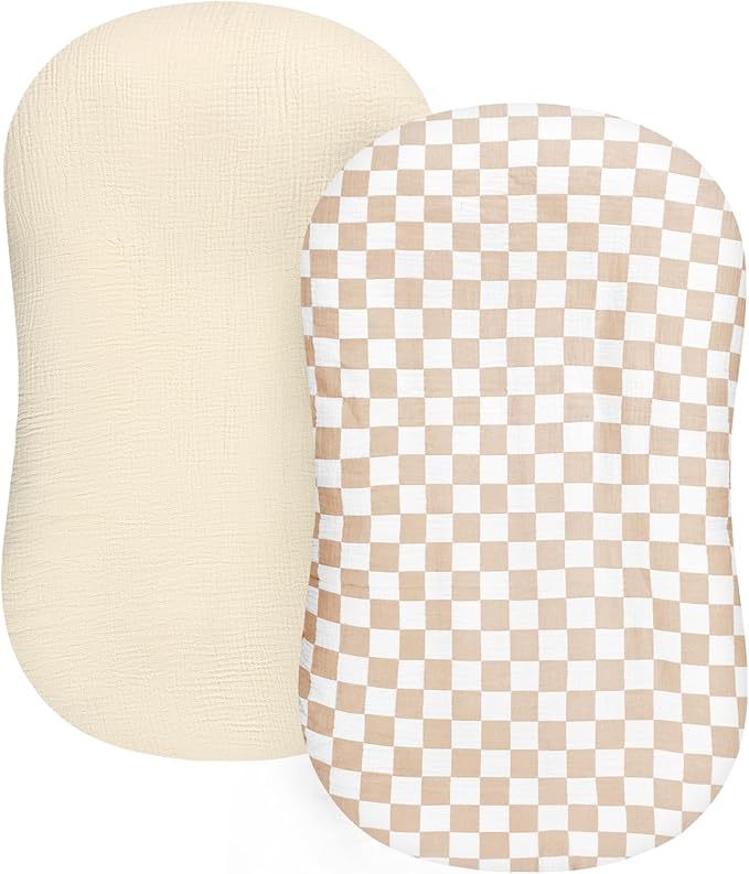 DILIMI Baby Lounger Covers, 2 Pack Muslin Newborn Lounger Cover, Soft Comfortable Removable Infant Pillow Slipcover for Girl and Boy, Beige & Brown Checkered (Lounger not Included)