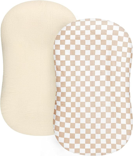 DILIMI Baby Lounger Covers, 2 Pack Muslin Newborn Lounger Cover, Soft Comfortable Removable Infant Pillow Slipcover for Girl and Boy, Beige & Brown Checkered (Lounger not Included)