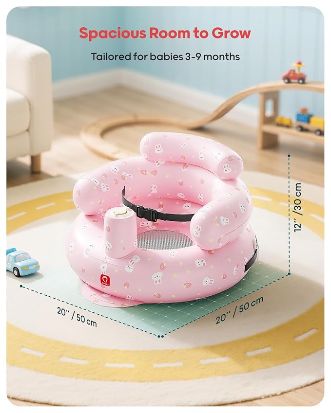 QPAU Inflatable Baby Seat with Safety Harness for Babies 3 Months & Up, Baby Floor Seats for Active Play, Blow Up Baby Chair with Built in Air Pump (Pink Rabbit)