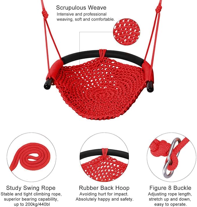 Swing Seat for Kids Heavy Duty Rope Play Secure Children Swing Set,Perfect for Indoor,Outdoor,Playground,Home,Tree,with Snap Hooks and Swing Straps,440 lbs Capacity,Red