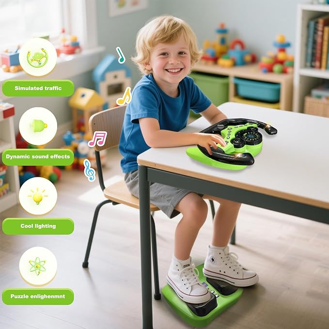 RedCrab Steering Wheels with Brake and Gas Pedals Toy for Kids,Pretend Driving Seat Toys with Light and Music,Simulated Driving for Toddlers,Baby Electric Early Learning Educational Toys (Green)