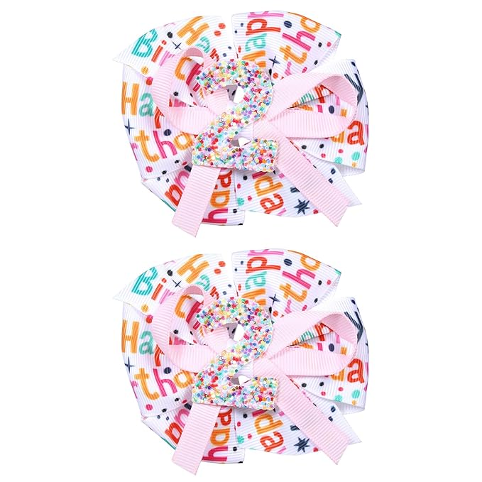 3.5" Glitter Happy Birthday Hair Bow Clips for Baby Girls 1 2 3 4 5 Years Cute Pink Sprinkle Confetti Ice Cream Party Dress Pigtail Decoration Accessories Gift for Her 2nd Birthday