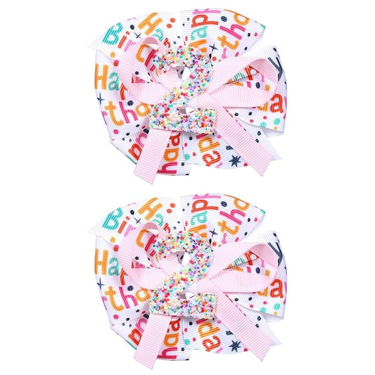 3.5" Glitter Happy Birthday Hair Bow Clips for Baby Girls 1 2 3 4 5 Years Cute Pink Sprinkle Confetti Ice Cream Party Dress Pigtail Decoration Accessories Gift for Her 2nd Birthday