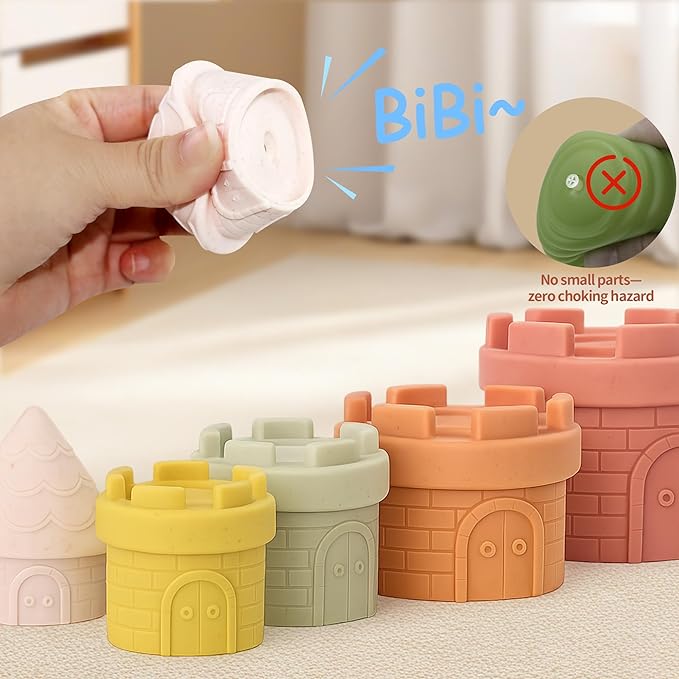 Baby Stacking Cups & Sensory Ball Set, Textured Sensory Toys for Babies, Soft Castle Nesting Blocks, Newborn Teether & Bath Toys 6-12 Months, 8 PCS Montessori Learning Gifts for Toddlers 1-3