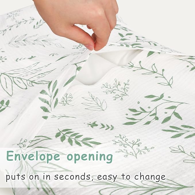 Hooyax Muslin Baby Lounger Cover 2 Pack - 100% Breathable Cotton Soft Infant Lounger Covers, Fits Most Standard Newborn Loungers & Pillows (Green Checker+Leaf)