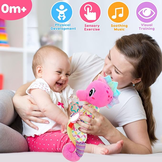 Baby Girl Toys 0-6 Months Musical Seahorse Stuffed Animal Tummy Time Toys Infant 3-6 6-12 Months with Baby Mirror Sensory Newborn Crinkle Developmental Toy Birthday Shower Gifts 0-3 4 5 6 Month