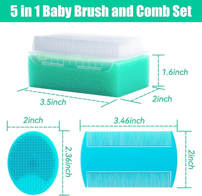 Cradle Cap Brush for Babies, 5Pcs Cradle Cap Treatment Set with Soft Bristle Brushes Silicone Scrubber Fine-Tooth Comb for Newborn Bathing Essentials Baby Brush and Comb Set (Green)