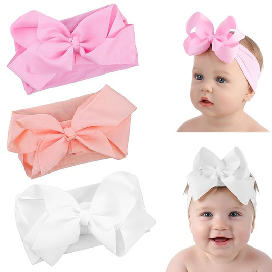 Tucnoeu 3pcs Baby Girl Headbands with Bows - Soft Stretchy Newborn Bows for Girls, Infant Toddler Hair Accessories White/Pink/Frosty White