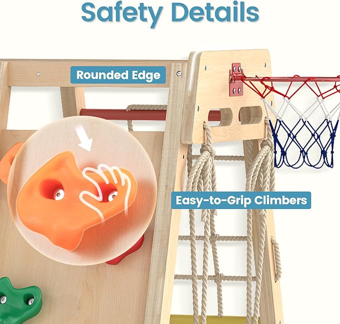 OLAKIDS Indoor Jungle Gym, 9 in 1 Wooden Montessori Baby Climbing Toys with Adjustable 2 Swings Ramp, Monkey Bar Basketball Hoop Ladder Climb Net (Colorful)