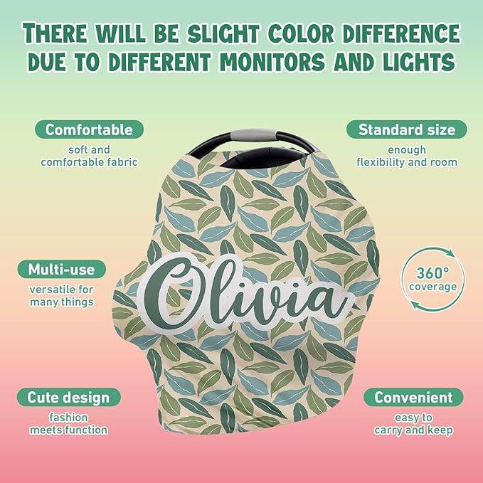 Custom Car Seat Covers for Babies - Breathable Baby Car Seat Cover for Girls Boys, Green Print Kick-Proof Newborn Carrier Canopy Stretchy Stroller Cover for 4 Seasons